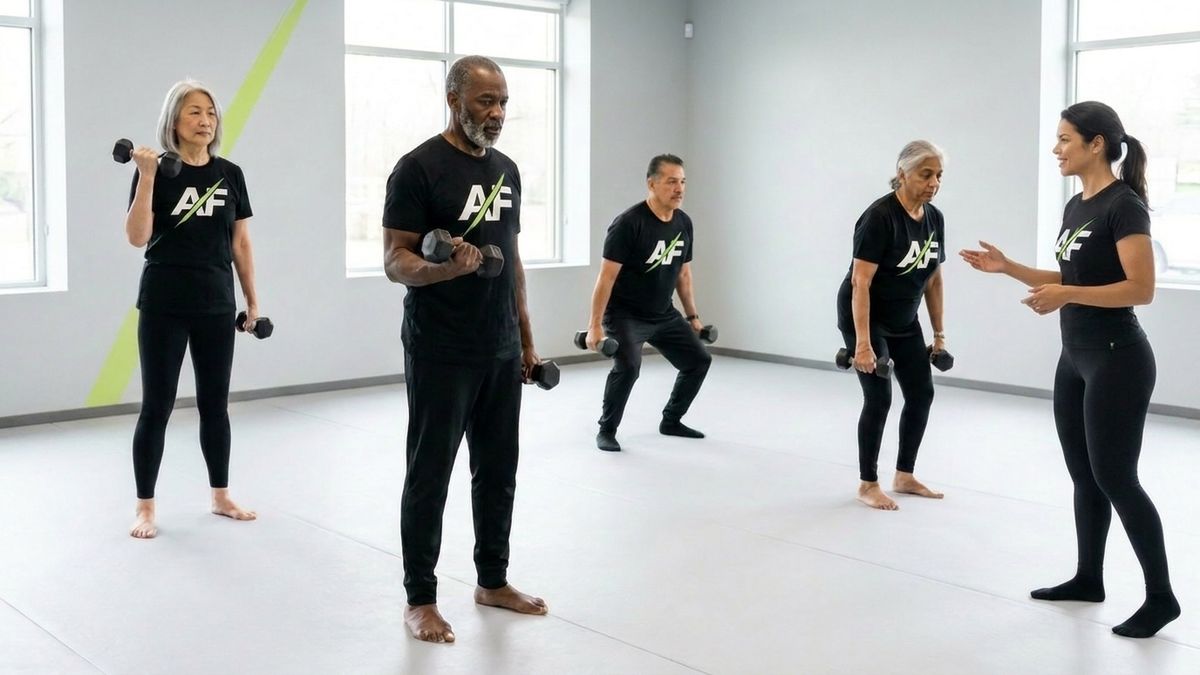 A coach watching form while an Active Fit 55+ class trains with dumbbells